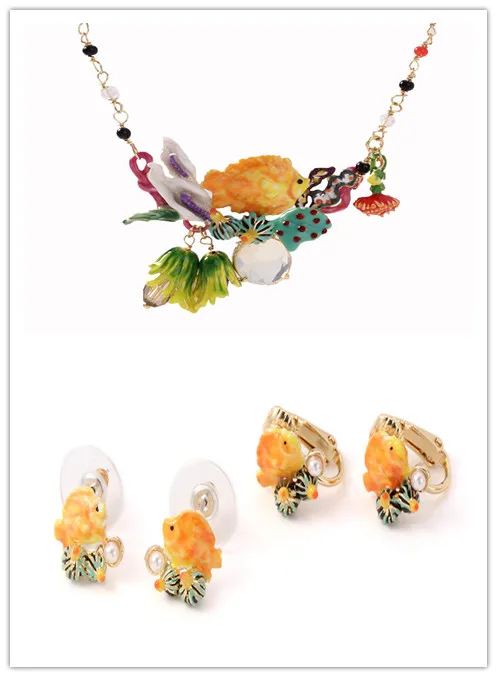 

free shipping Enamel glaze golden fish ear clip necklace