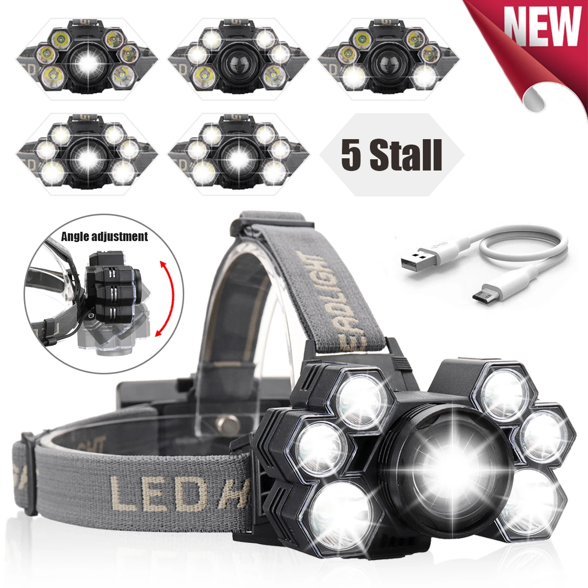 

Headlight 60000lm USB Rechargeable Headlamp 3*T6+4*Q5 LED Head Lamp Zoom Fishing Flashlight Torch Head Light 18650 Battery