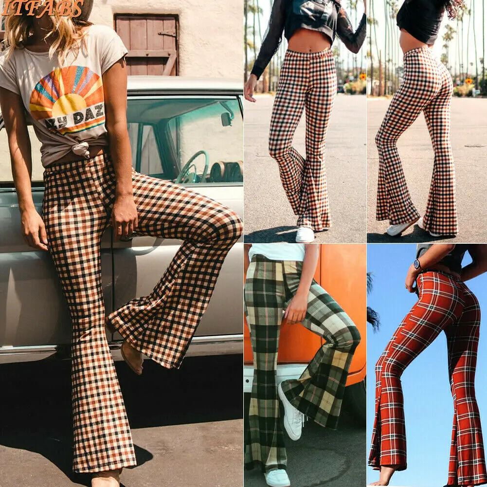 

New Women Ladies Fashion Casual Pants Skinny Plaid Bell Pants Bottom High Waist Wide Leg Long Pants Loose Trousers