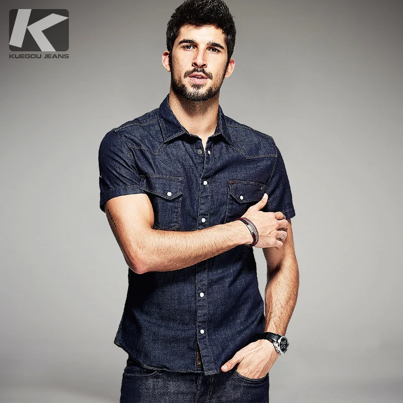 KUEGOU Summer Mens Fashion Denim Shirts 