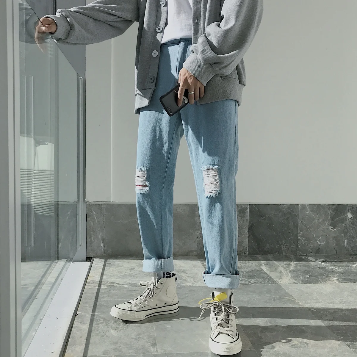 

2018 Winter Men's Holes Baggy Homme Camouflage Patch Jeans Leg Bottom Edge Hip-hop Casual Blue Pants Biker Denim Trousers M-2XL