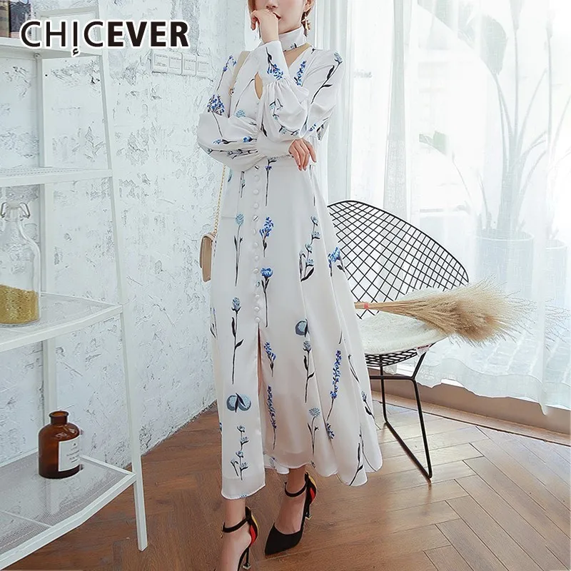 

CHICEVER Summer Print White Women Dress V Neck Lantern Sleeve High Waist Button Ankle Length A Line Dresses 2019 Fashion New