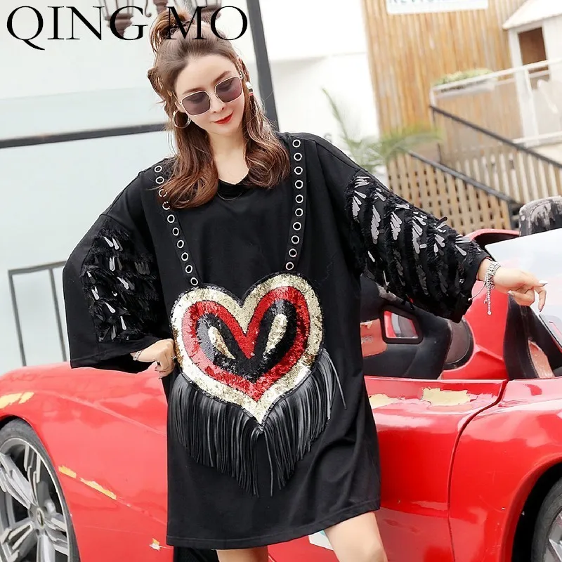 

QING MO Tassel Shirt Dress Women Black Pullovers 2019 Spring Women Sequins T Shirt Love Print Long Sleeve Shirt Dress FemmeQF595