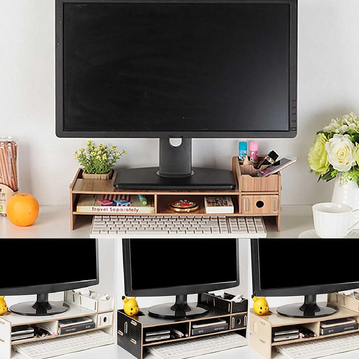  Multi-function Desktop Monitor Stand Computer Screen Riser Wood Shelf Plinth Strong Laptop Stand De