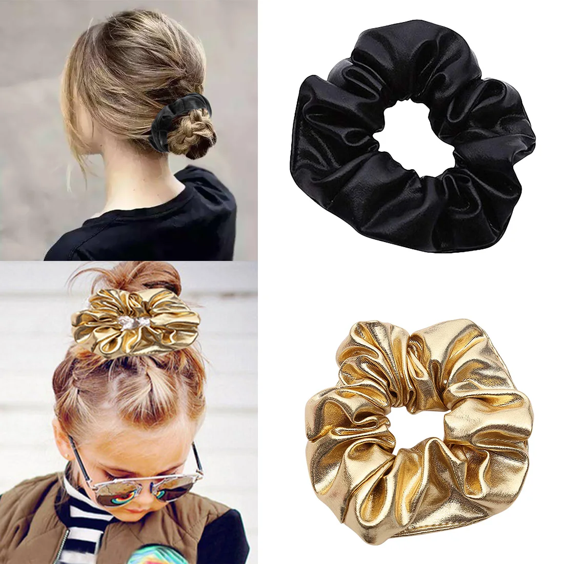 Elastic Hair Ties Girls Hairband Rope  Women Pu Faux Leather Ponytail Holder Scrunchie Gold Black Headbands Accessories