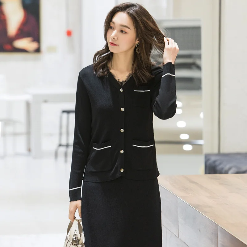 

2019 Spring New arrival Knitting loose sweater coat cardigan black And white pocket sweater outside knitted coat I6262