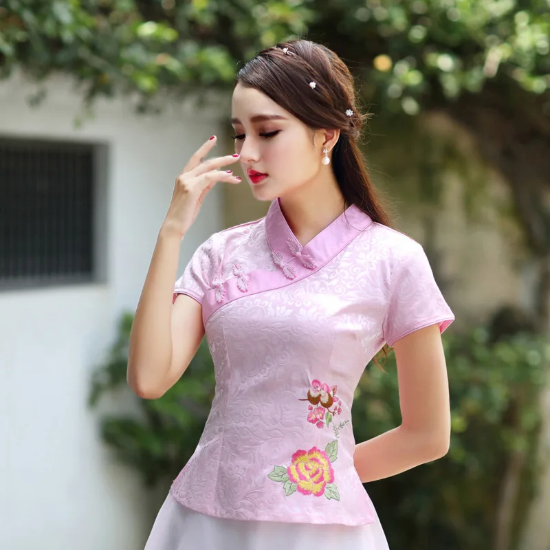 Синяя блузка Hanfu с цветочной вышивкой рубашки в восточном стиле хлопковые топы