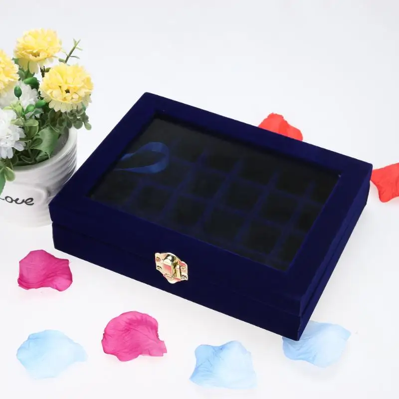 

24 Cells Jewelry Box Organizer Velvet Glass Jewelry Display Box Tray Holder Storage Rings Earring Box Organizer Makeup Organizer
