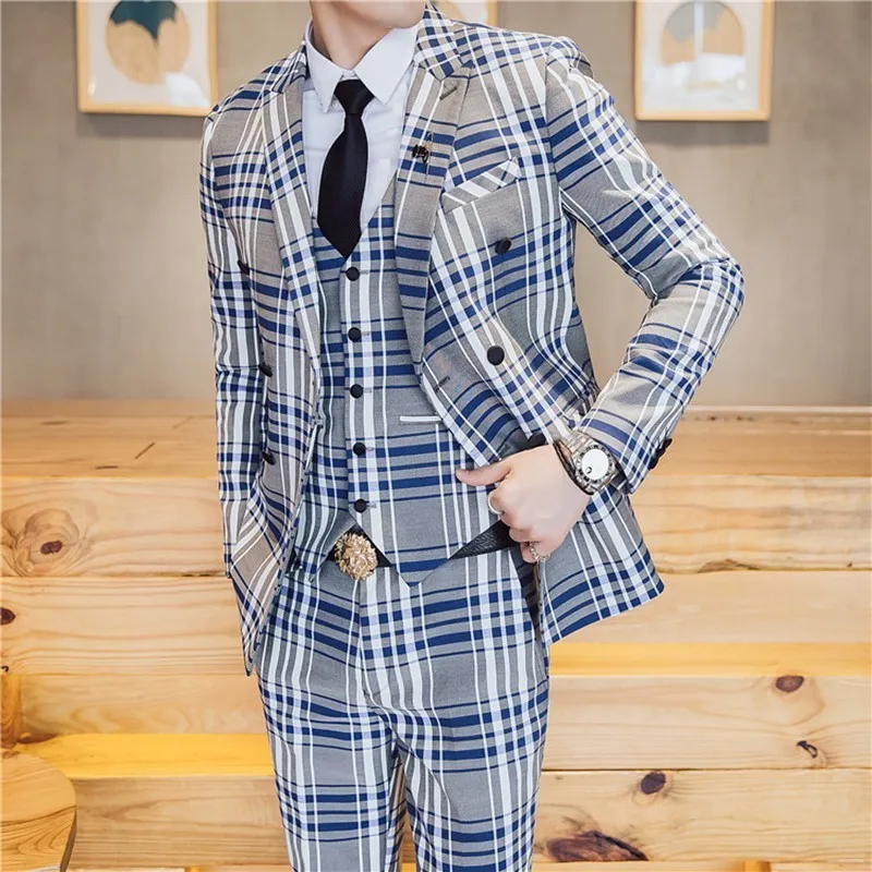Suits Men British Latest Coat Pant Designs Mens Suit Slim Fit Plaid Stage Performance Wedding Dress Tuxedos