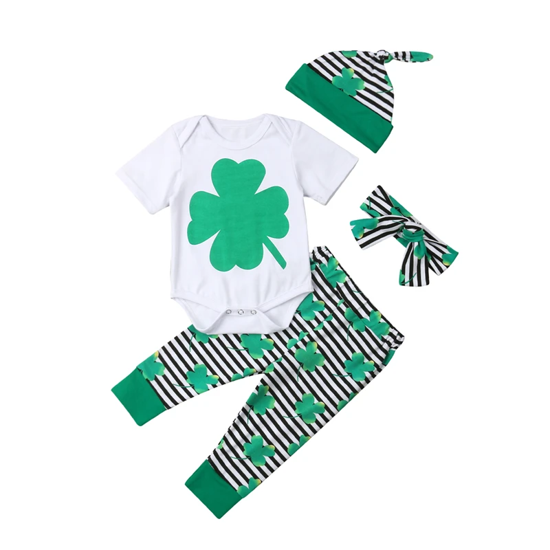 toddler baby girl baby boy Saint Patrick's Day cotton headband hat bodysuit pant  4pcs  baby toddler cotton brand clothes