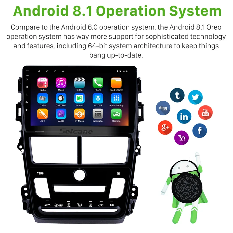 Perfect Seicane Stereo 9" HD Android 8.1 Auto Radio GPS 2Din Navi for Toyota Vios 2018 Auto Air Conditioner Touchscreen WIFI Bluetooth 1