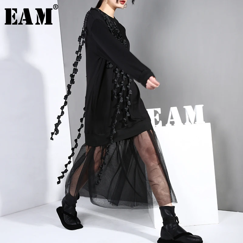 

[EAM] 2019 New Spring Summer Round Neck Long Sleeve Black Stereoscopic Ruffles Stich Mesh Hem Loose Dress Women Fashion JO640