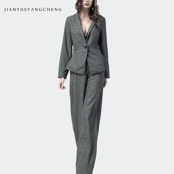 

Gray Office Suits Ladies Women 2 Piece Set Top and Pants Wide Leg Winter Wool Plus Size Womens Outfits Ladies Clothes 2018