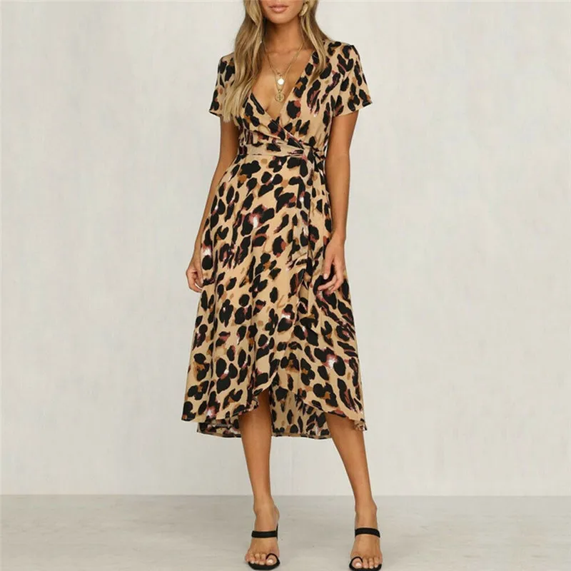 

Sexy women leopard dress fashion ladies warp dresses summer short sleeve bandage lace up belt deep v neck sundress vestidos ol