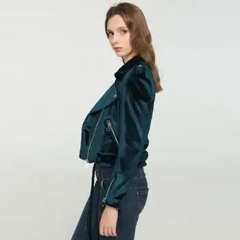 

Women Velvet Autumn Jackets Turn Down Collar Slanted Zipper Slim Fit Coat