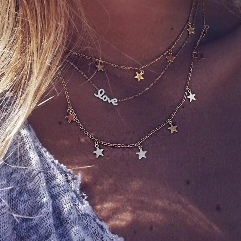 Модные многослойные ожерелья с надписью Love Star для женщин цепочка на ключицы