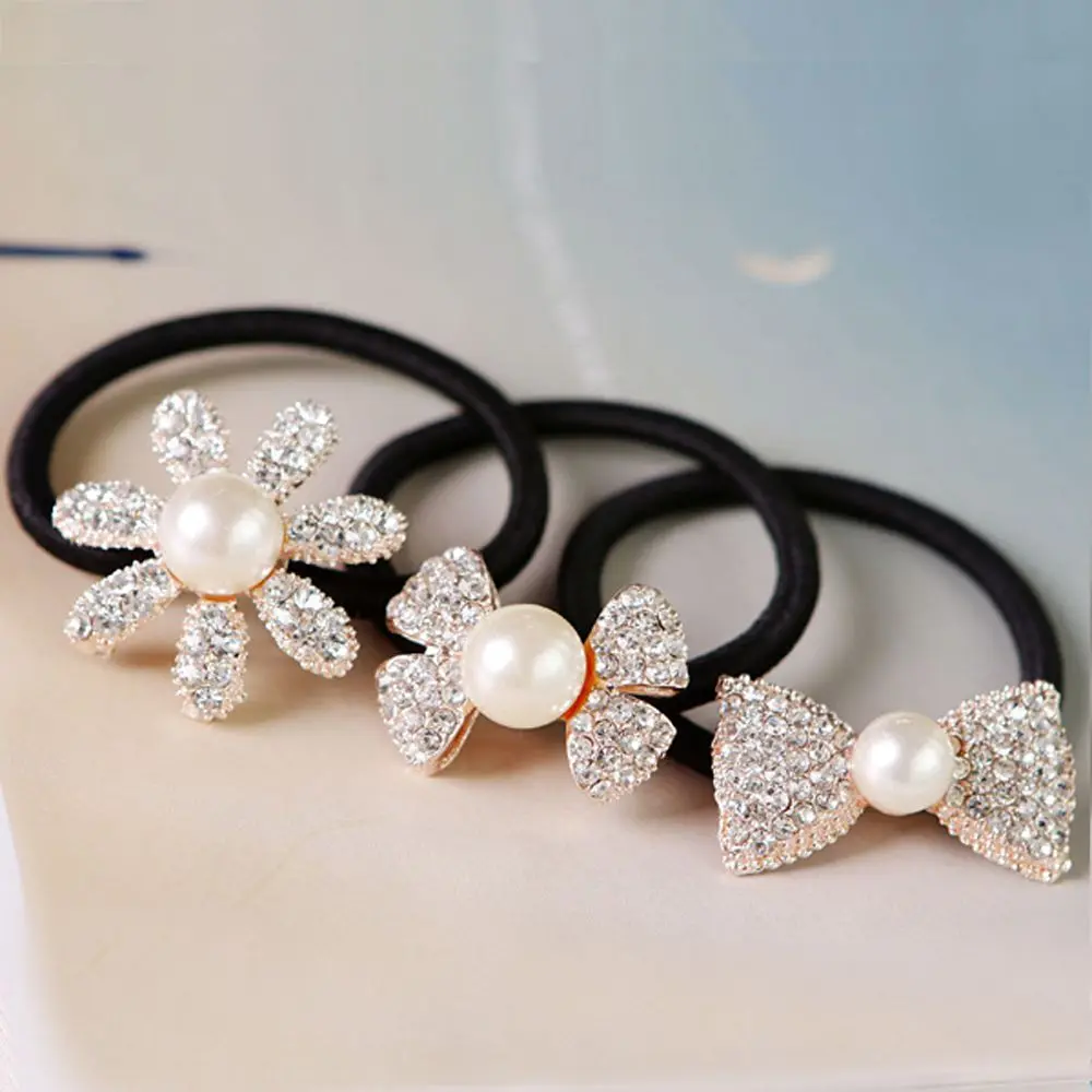 

Women Fashion Scrunchies Hair Tie Girls Headdress Pearls Rhinestone Flower Elastic Rubber Rope Bands Hair Accessories Headwear