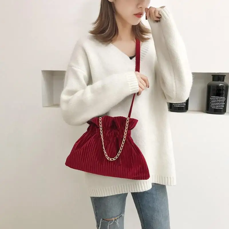 

Retro Women Chain Shoulder Handbag Fashion Female Crossbody Bag Corduroy Drawstring Bags for Girls bolsa sac a main Z80
