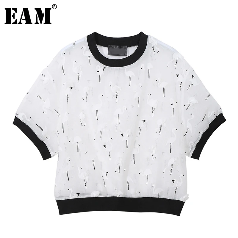 

[EAM] 2019 New Spring Summer Round Neck Half Sleeve White Three-dimensional Flower Split Loose T-shirt Women Fashion Tide JS045