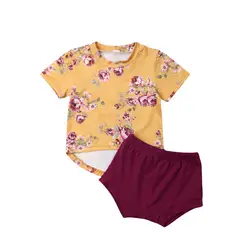 Комплект из 2 предметов, футболка с короткими рукавами и цветочным принтом для новорожденных девочек топ и шортики, летние костюмы для