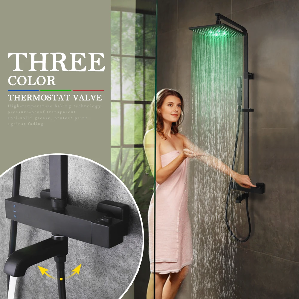 

SKOWLL Thermostatic Matte Black Bathroom Shower Set Faucet with 10" LED Showerhead with Handshower 3 Colors