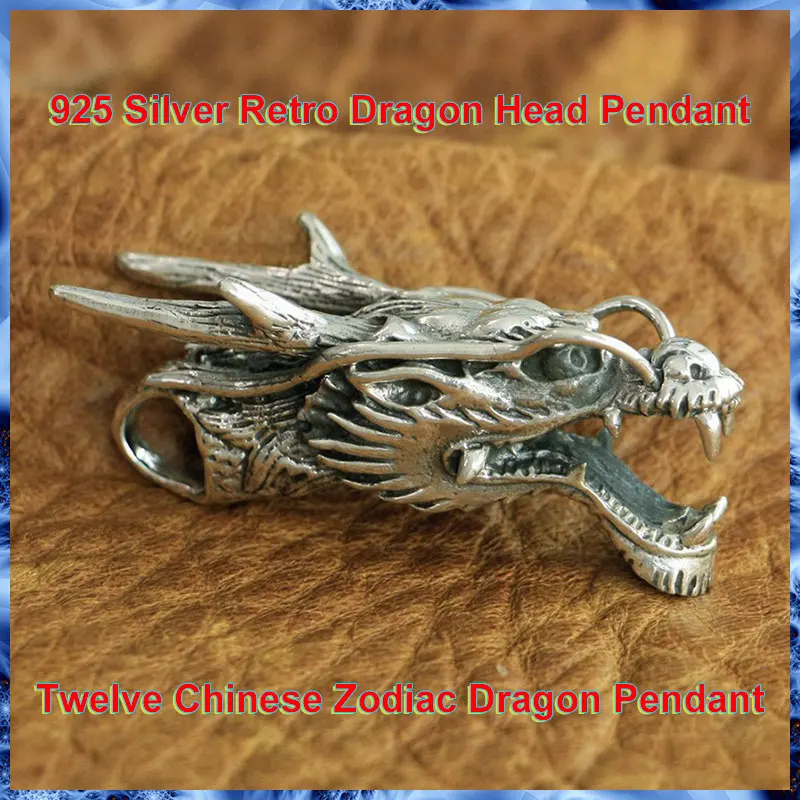

925 Sterling Silver Delicate Dragon Head Pendant Necklace Knight's High Details Punk Retro Chinese Zodiac Dragon Pendant 8J034