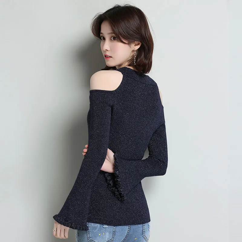 2018 autumn Korean version of the slim sweater women's head fashion hollow open shoulder ruffled shirt trumpet sleeve sweater