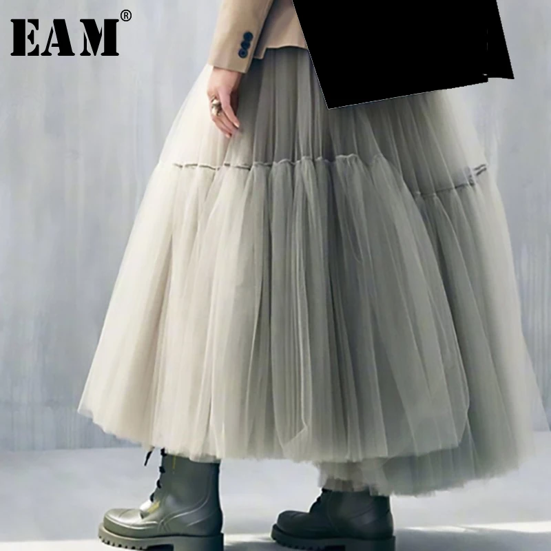[EAM] Новинка, весенне-летняя юбка с высокой эластичной талией, зеленая, с разрезом, с большим сетчатым подолом, юбка средней длины, женская мода, JS221