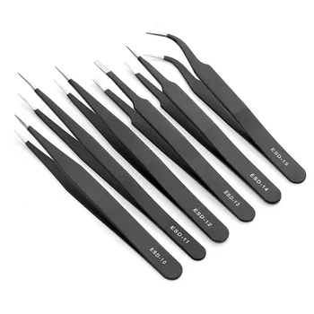 

6Pcs Stainless Steel Anti-static ESD Tweezers Maintenance Tools Industrial Curved Straight Tweezers Repair Tools