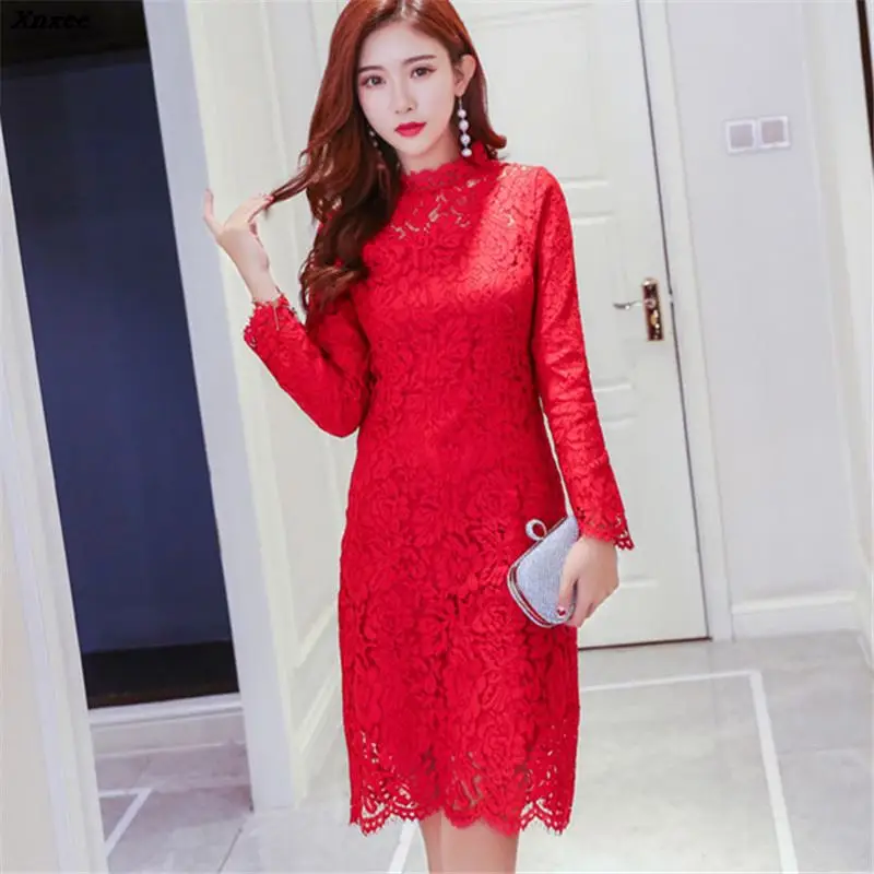 

Women Elegant Wedding Party Sexy Night Club Dresses New Turtleneck Long Sleeve Sheath Bodycon Lace Dress Vestidos High Quality