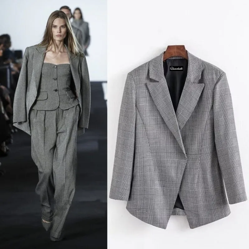 

Queechalle 2019 Spring Autumn Plaid Suit Jacket Coat Female Back Split Formal Workwear Notched Office Lady Coats Women's Blazer