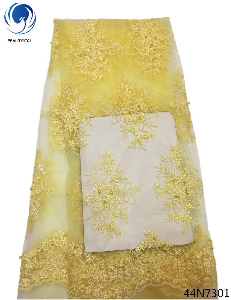 

Beautifical polyester lace fabric net lace fabric for wedding dress embroidery lace fabric beaded yellow wholesale cheap 44N73