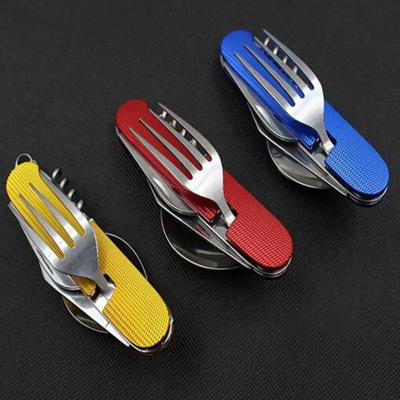 

Multifunctional Outdoor Camping Tableware 3 In1 Folding Tableware Set Stainless Steel Knife Fork Picnic Spoon Camping Hiking