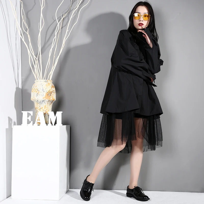 

[EWQ] 2019 New Lapel Long Sleeve Mesh Patchwork Split Joint Loose Large Size Summer Shirt Dress Women Fashion Tide SC371