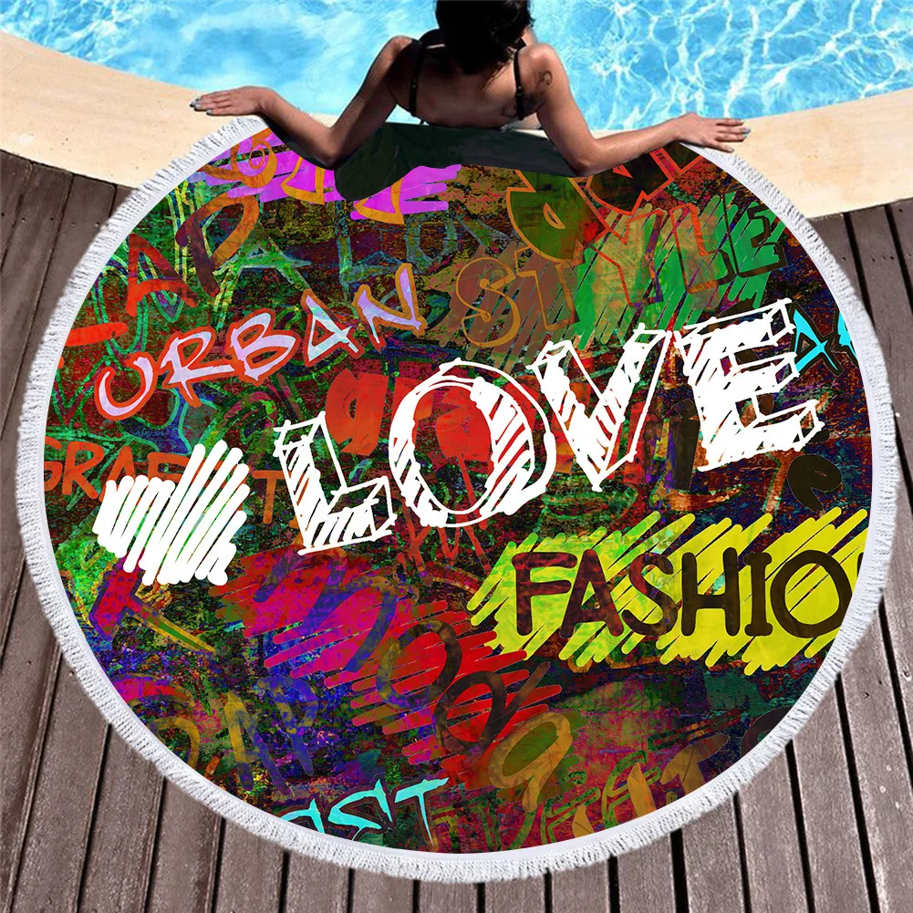 

Grafiti Printed Round Beach Towels For Adult Home Decor Wall Hanging Microfiber Beach Towel Yoga Picnic Summer Large Bath Toalla