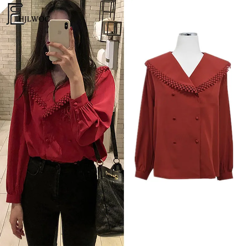 

2019 Design Cute Tops Hot Sales Women fashion long sleeve date wear red tassel top cute sweet girls double button shirt blouse