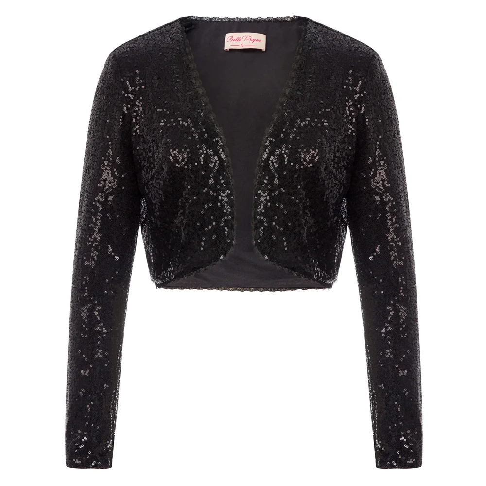 

Women's Shining Sequined Long Sleeve Cropped Length Open Front Bolero Shrug
