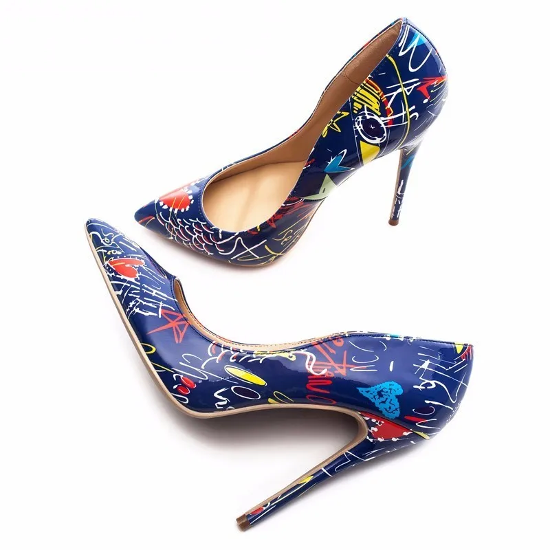 

2018 Blue Graffiti Colorful Women Pumps Sexy Stiletto high heels Spring Wedding Party Women Shoes sapato feminino