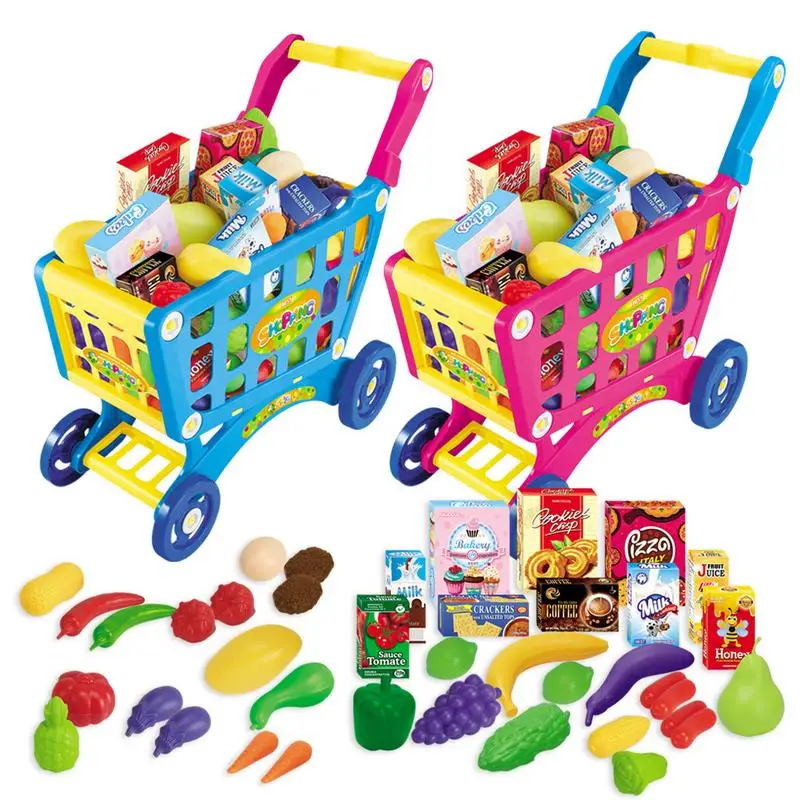 

Creative Children Shopping Cart Emulational Role Play Toys Fruit Food Vegetables Supermarket Stroller Trolley Pink/Blue Color