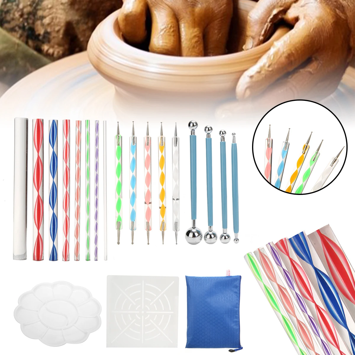 

Mayitr 19pcs Mandala Painting Dotting Tools with Dotting Rods Ball Stylus Pen Stencil Paint Tray Brushes for Canva Rock Wall Art