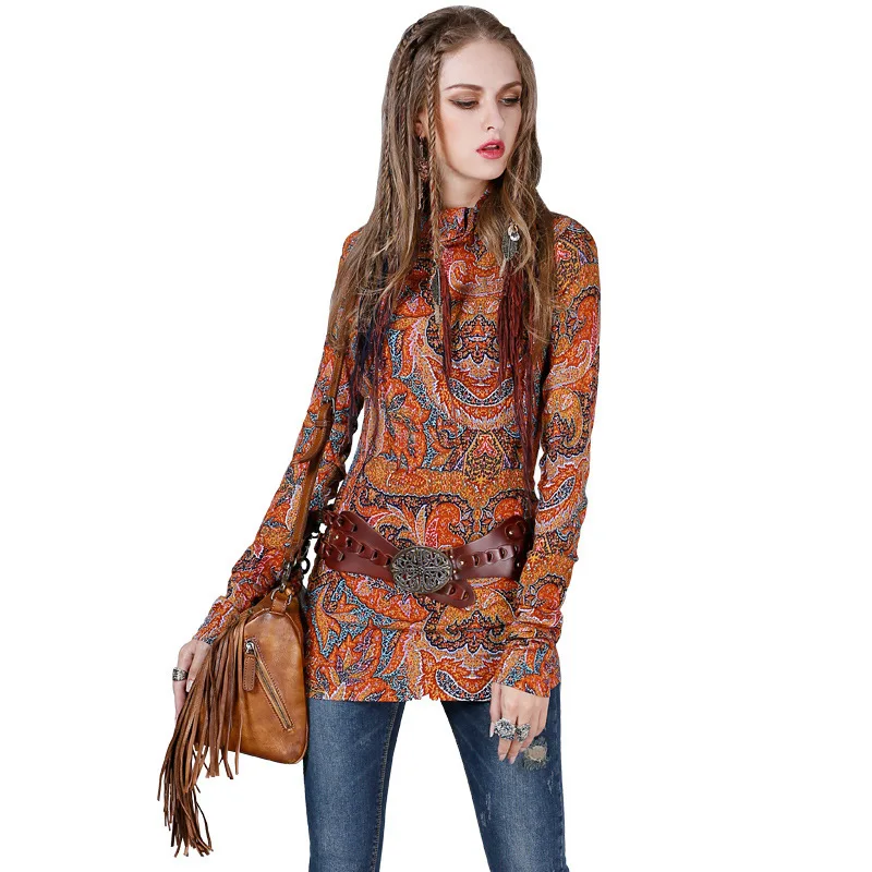 

2019 spring printing new bottoming t-shirt buttonhole loop cotton and linen blended long-sleeved T-shirt girl 9153
