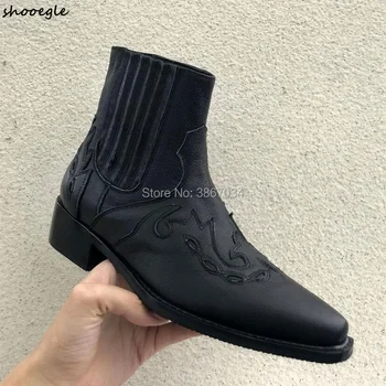 

SHOOEGLE Men's Embroidered Ankle Boots Pointed Toe Low-heeled Shoes Distressed Cowboy Boots Men Slip on Booties EU 39-EU 46