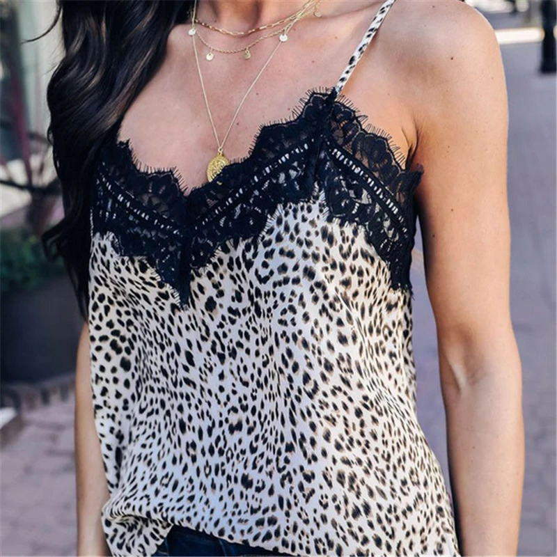 

Fashion Women Ladies Summer Lace strap Off-shoulder Leopard Blouses 2019 Women Sleeveless Tank Tops Camis Casual Blouses And Top