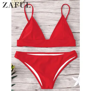 

ZAFUL Padded Bikini Set Sexy Women Summer Swim Suit Vintage Two Pieces Sets Spaghetti Straps Elastic Waist Solid Bathing Suit