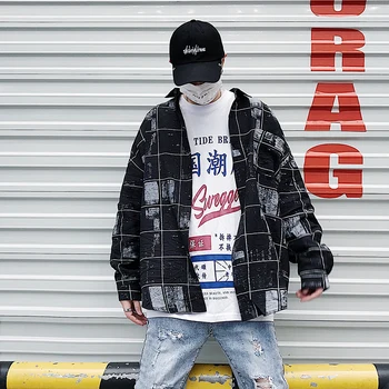 

2019 Men's Lattice Printing Loose Coats Fashion Trend Long Sleeves Hawaiian Brand Hip-hop Style High-quality Black Shirts M-XL
