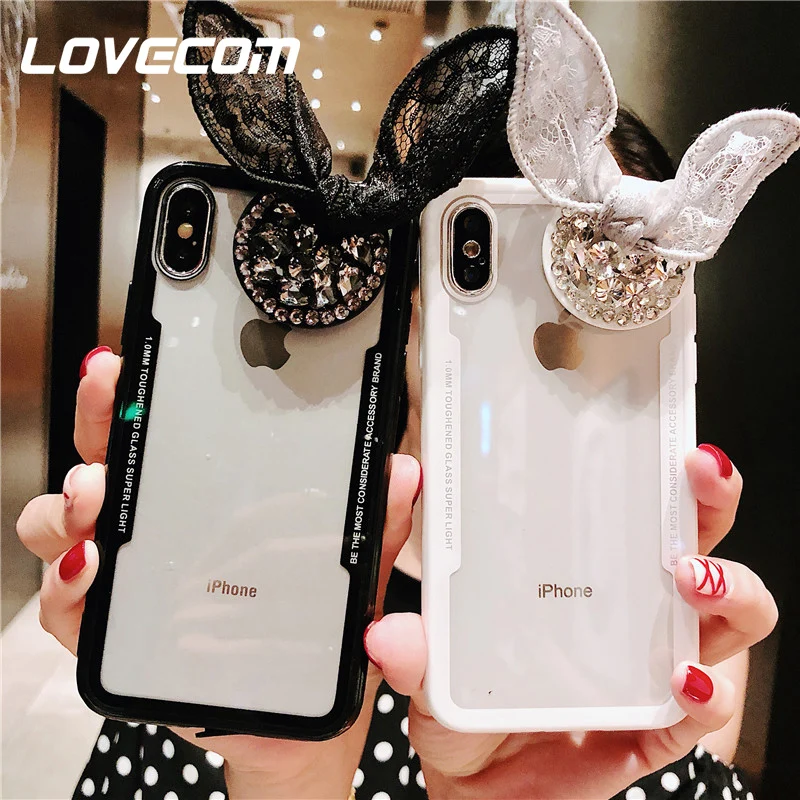 

LOVECOM Phone Case For iPhone XS Max XR 6 6S 7 8 Plus X 5S DIY Lace Bow-knot Bling Crystal Acrylic Soft TPU Phone Back Cover