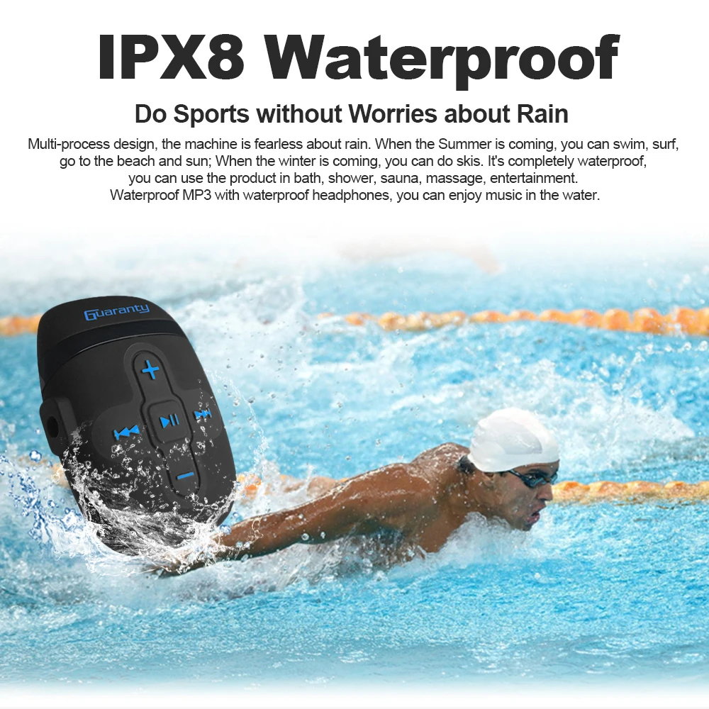 Mp3 плеер 8 ГБ IPX8 водонепроницаемый музыкальный с креплением для наушников mp3