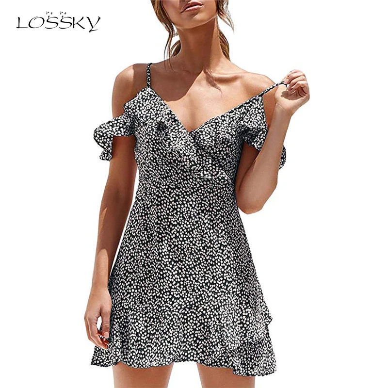 

Lossky Vintage Dress Boho Chic Summer Casual Polka Dot Ruffled Wrap Sundress Women Sexy Backless Spaghetti Strap Beach Mini Dres