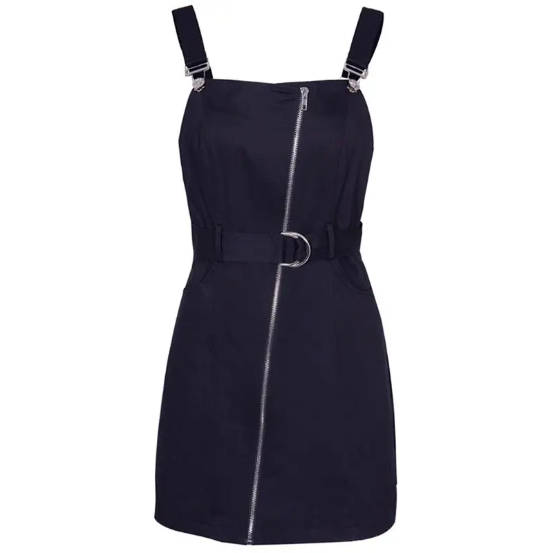 

Women Mini Dresses Sexy Club Gothic Chic Black Punk Summer Aline Zipper Suspenders Pleated Elegant Female Fashion OL Dress 2019