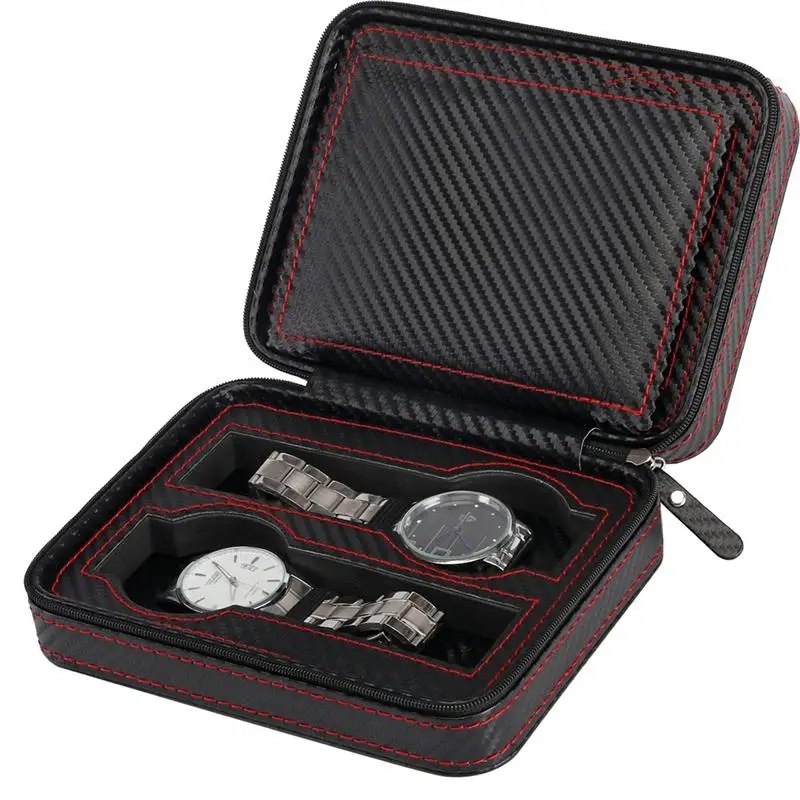 

1PC 4 Slot Portable Carbon Fiber Watch Zipper Storage Bag Watch Box Personalized Gift for Male Friends Father Son Husband